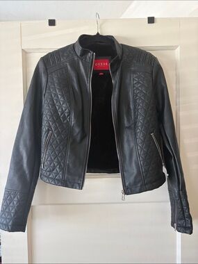 GUESS Black Quilted Faux Leather Moto Jacket